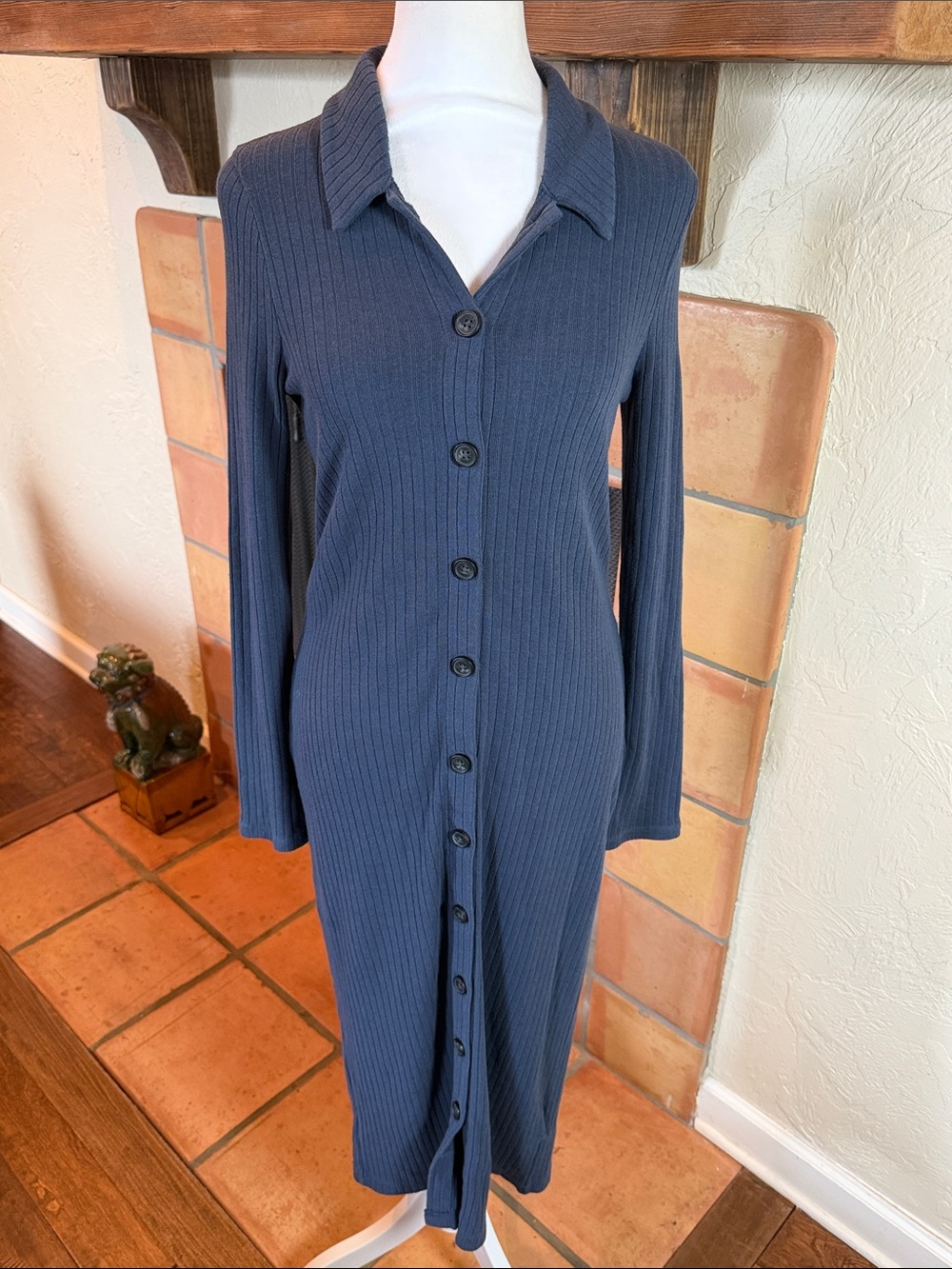 Madewell Navy Blue Ribbed Long-Sleeve Midi Dress, size S